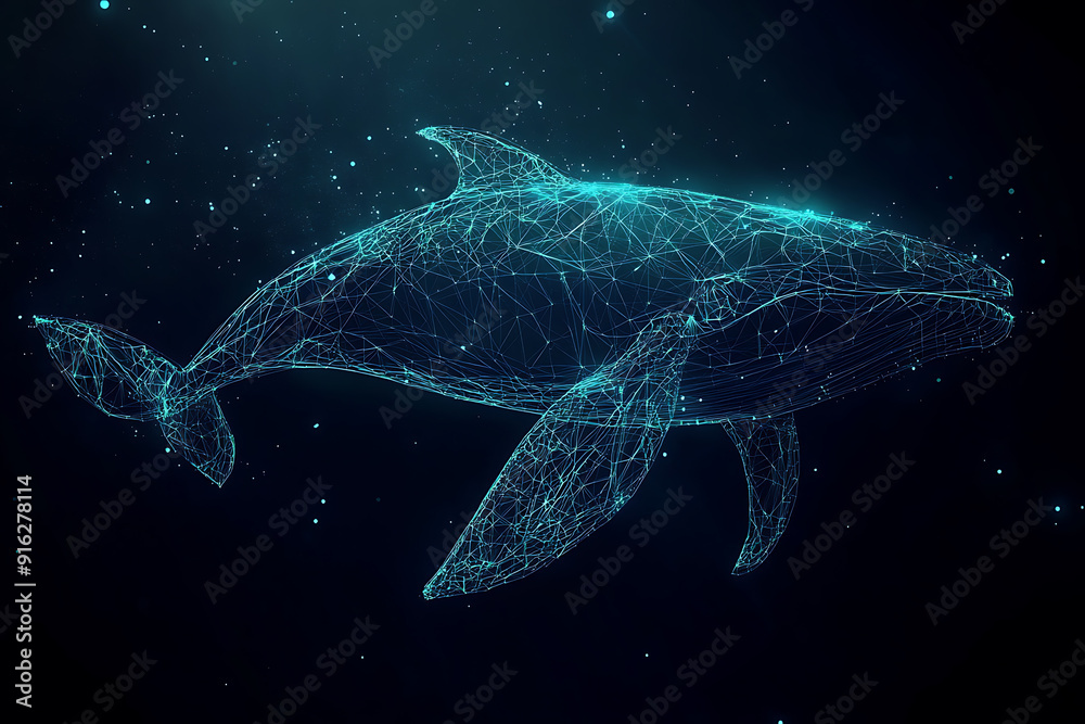 A blue whale made up of a polygon. Digital concept of sea animals. Big player in the market or exchange with huge capital. Money or cryptocurrency. wireframe. low poly. plexus A blue whale made up of a polygon. Digital concept of sea animals. Big player in the market or exchange with huge capital. Money or cryptocurrency. wireframe. low poly. plexus