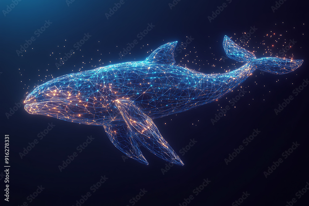 A blue whale made up of a polygon. Digital concept of sea animals. Big player in the market or exchange with huge capital. Money or cryptocurrency. wireframe. low poly. plexus A blue whale made up of a polygon. Digital concept of sea animals. Big player in the market or exchange with huge capital. Money or cryptocurrency. wireframe. low poly. plexus
