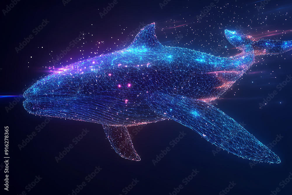 A blue whale made up of a polygon. Digital concept of sea animals. Big player in the market or exchange with huge capital. Money or cryptocurrency. wireframe. low poly. plexus A blue whale made up of a polygon. Digital concept of sea animals. Big player in the market or exchange with huge capital. Money or cryptocurrency. wireframe. low poly. plexus