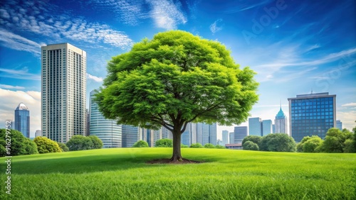 Vibrant green tree rising from lush grass with towering buildings in background, nature, tree, green, grass, vibrant