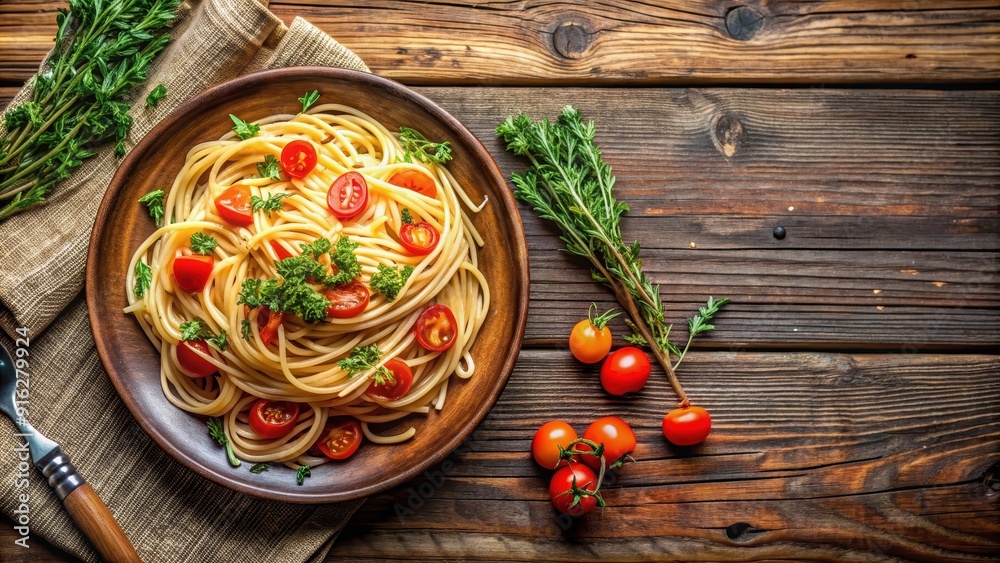 Delicious plate of spaghetti with thyme and vegetables on rustic background, spaghetti, thyme, vegetables, pasta, delicious, plate Delicious plate of spaghetti with thyme and vegetables on rustic background, spaghetti, thyme, vegetables, pasta, delicious, plate
