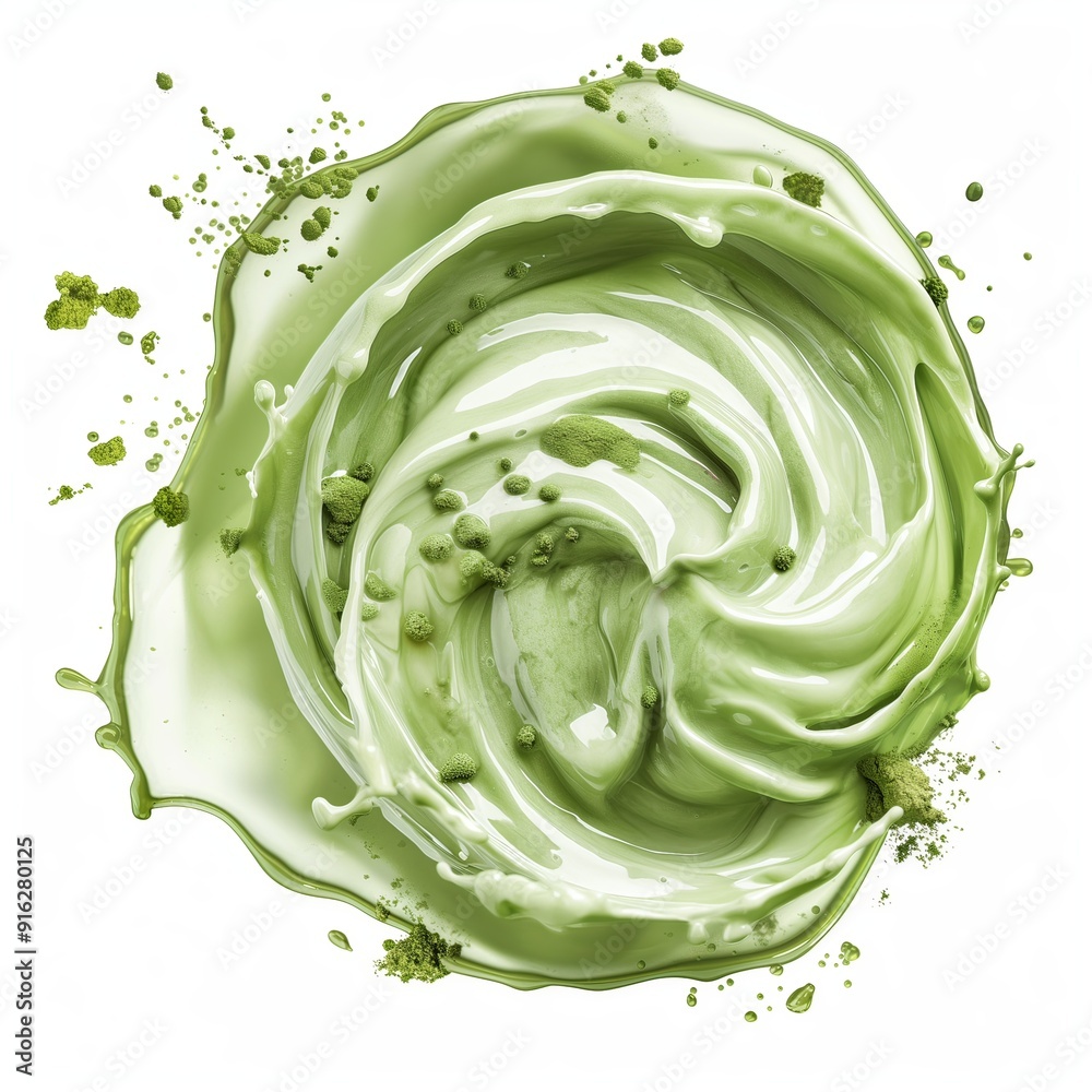 Obraz premium Photography of circular creamy matcha latte splash swirl, matcha powder floating isolated white background