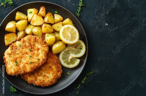 Delicious Crispy Fried Chicken Cutlets with Lemon and Potatoes