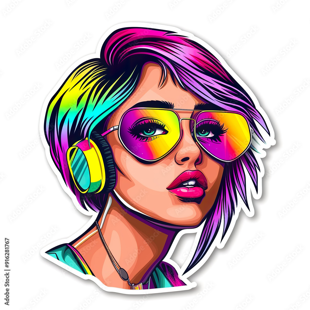 Colorful Illustration of a Woman with Headphones and Sunglasses. Colorful Illustration of a Woman with Headphones and Sunglasses.