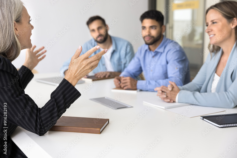 Confident older business leader woman talking to diverse team of younger colleagues at meeting, sitting at large table, giving seminar, training, coaching. Female boss speaking to co-workers Confident older business leader woman talking to diverse team of younger colleagues at meeting, sitting at large table, giving seminar, training, coaching. Female boss speaking to co-workers