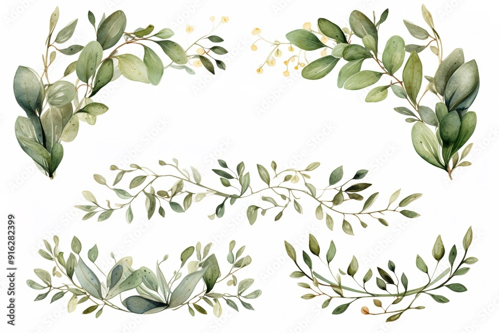 Fototapeta Watercolor painting of various green leaves and branches, perfect for design projects.