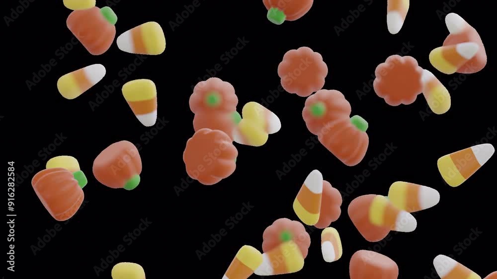 Traditional Halloween candies falling on transparent background. Seamless looping animation.