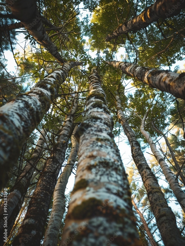Fototapeta premium Majestic Forest Canopy: Looking Up Through Tall Trees in Nature
