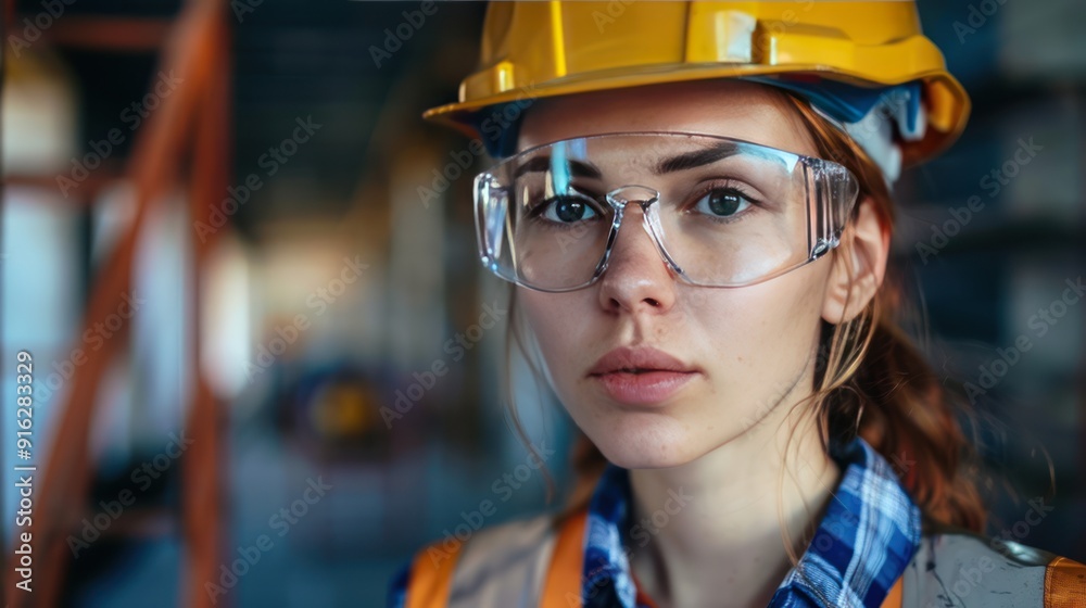 Close-up Portrait of a Female Construction Worker Wearing Safety Gear Close-up Portrait of a Female Construction Worker Wearing Safety Gear