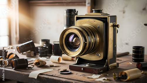 old camera on a wooden table