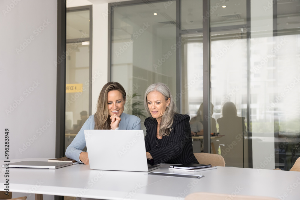 Positive younger and older businesswomen watching online content on laptop together, looking at screen, talking, discussing training application design, website, software Positive younger and older businesswomen watching online content on laptop together, looking at screen, talking, discussing training application design, website, software