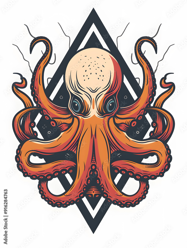 Fototapeta premium Geometric Octopus Head traditional tattoo illustration