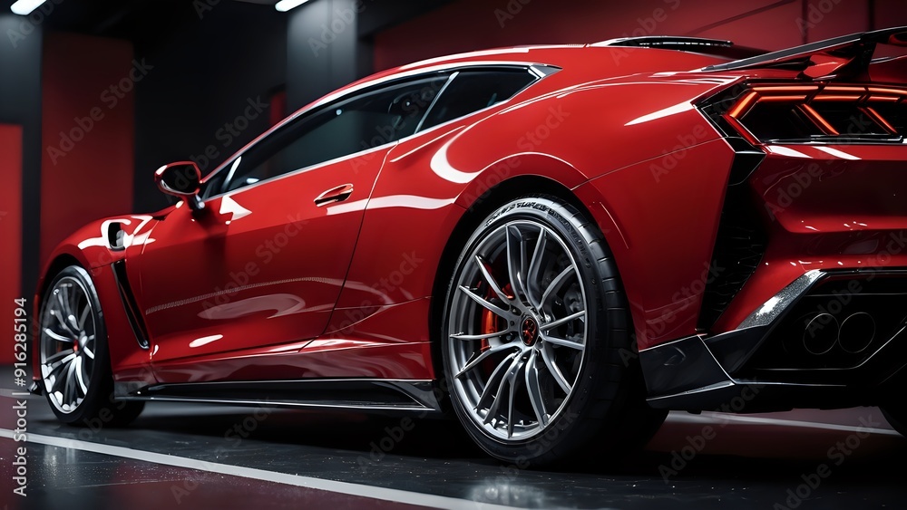 Close up of a red sports car, showcasing the rear wheel, tire, and brake calipers. Close up of a red sports car, showcasing the rear wheel, tire, and brake calipers.