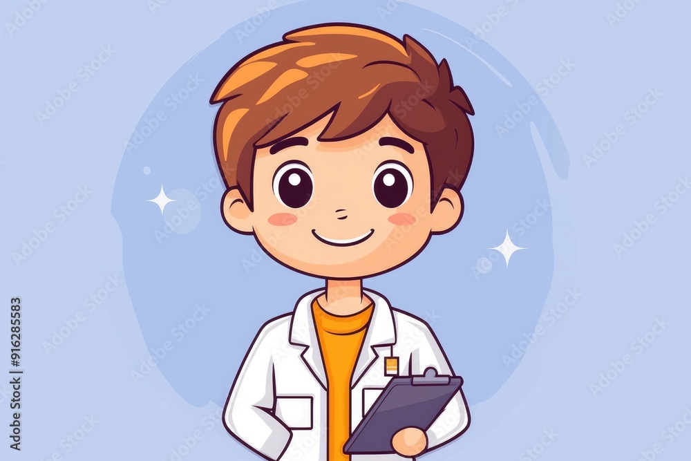 Smiling Cartoon Boy Doctor with Clipboard