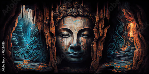 Buddha Cave 3D Wallpaper Mural – Tranquil Design Featuring Detailed Buddha Sculpture in a Cave Setting, Perfect for a Calming and Spiritual Atmosphere