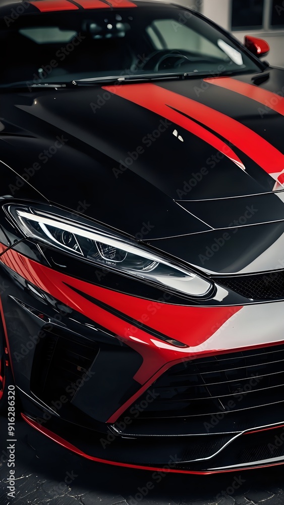 Close-up of a sleek black sports car with red racing stripes, showcasing the powerful headlight design. Close-up of a sleek black sports car with red racing stripes, showcasing the powerful headlight design.
