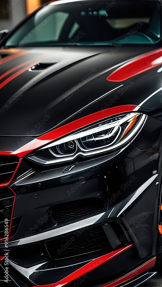 Close-up of a black and red sports car's sleek front end, showcasing the powerful headlight and aggressive design. Close-up of a black and red sports car's sleek front end, showcasing the powerful headlight and aggressive design.
