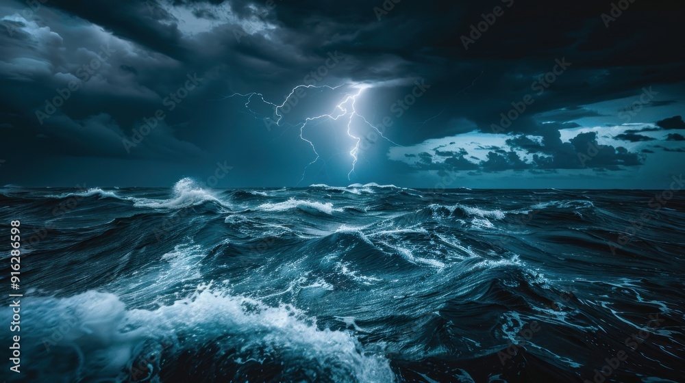 Fototapeta premium Dramatic Lightning Strike Over Rough Sea.