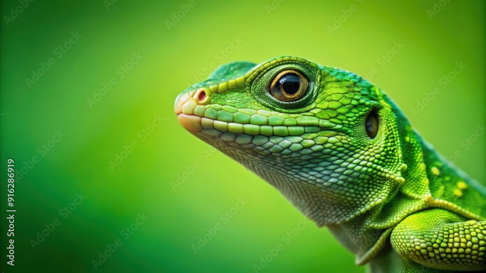 Fototapeta premium Green lizard camouflaged on a blurred green background, lizard, reptile, green, camouflaged, wildlife, nature, exotic
