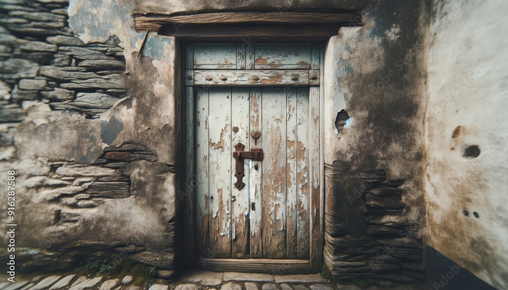 Fototapeta premium Weathered Wooden Door in Stone Wall - Rustic Architecture Stock Photo.