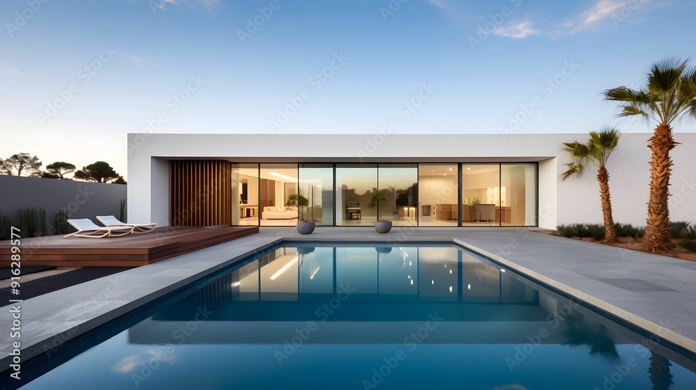 Fototapeta premium Contemporary House with Infinity Pool Overlooking the Ocean at Sunset