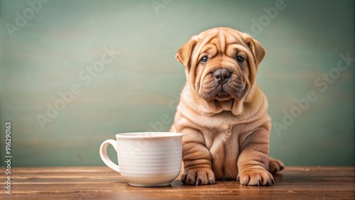 Cute Shar Pei puppy holding a coffee mug, , dog, Shar Pei, puppy, cute, funny, coffee mug, pet, canine, adorable, breed photo