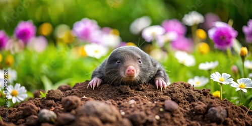 Mole peeking from mole hill in flower garden , Mole, Talpa europaea, gardening, wildlife, nature, animal, burrow, underground, cute