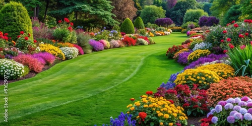A beautifully manicured lawn with colorful flowers and lush greenery, lawned garden, landscaping, outdoor, nature