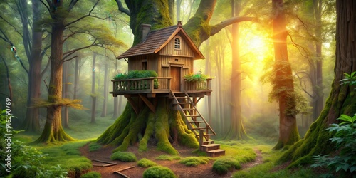 Wooden fairy tree house nestled in the enchanting woods , fairy, magical, mystical, whimsical, fantasy, tree, house