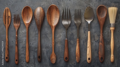 A set of wooden tableware in a rustic style. Created with Generative Ai technology.