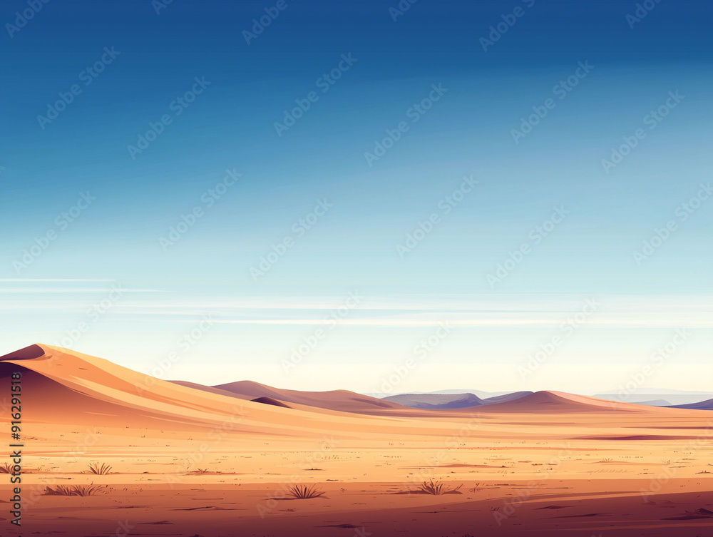A serene desert landscape featuring rolling sand dunes under a clear blue sky, perfect for travel and nature themes. A serene desert landscape featuring rolling sand dunes under a clear blue sky, perfect for travel and nature themes.