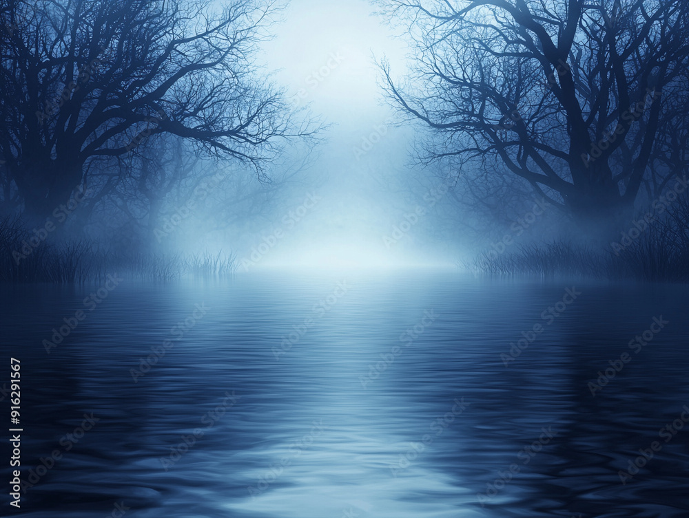 A serene, misty landscape featuring a calm water body and silhouetted trees, evoking a sense of tranquility and mystery. A serene, misty landscape featuring a calm water body and silhouetted trees, evoking a sense of tranquility and mystery.
