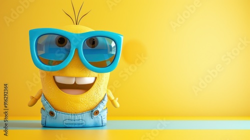 Minion wearing blue sunglasses with toothy smile on yellow background