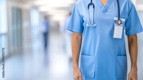 A healthcare professional in blue scrubs stands confidently in a hospital corridor, embodying care and dedication to patients.