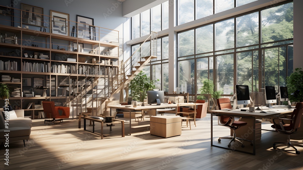 Spacious Modern Office with Floor-to-Ceiling Windows and Natural Lighting Spacious Modern Office with Floor-to-Ceiling Windows and Natural Lighting