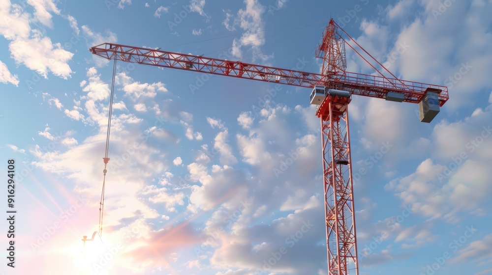 Construction Crane Against a Blue Sky with Clouds and Sunshine Construction Crane Against a Blue Sky with Clouds and Sunshine