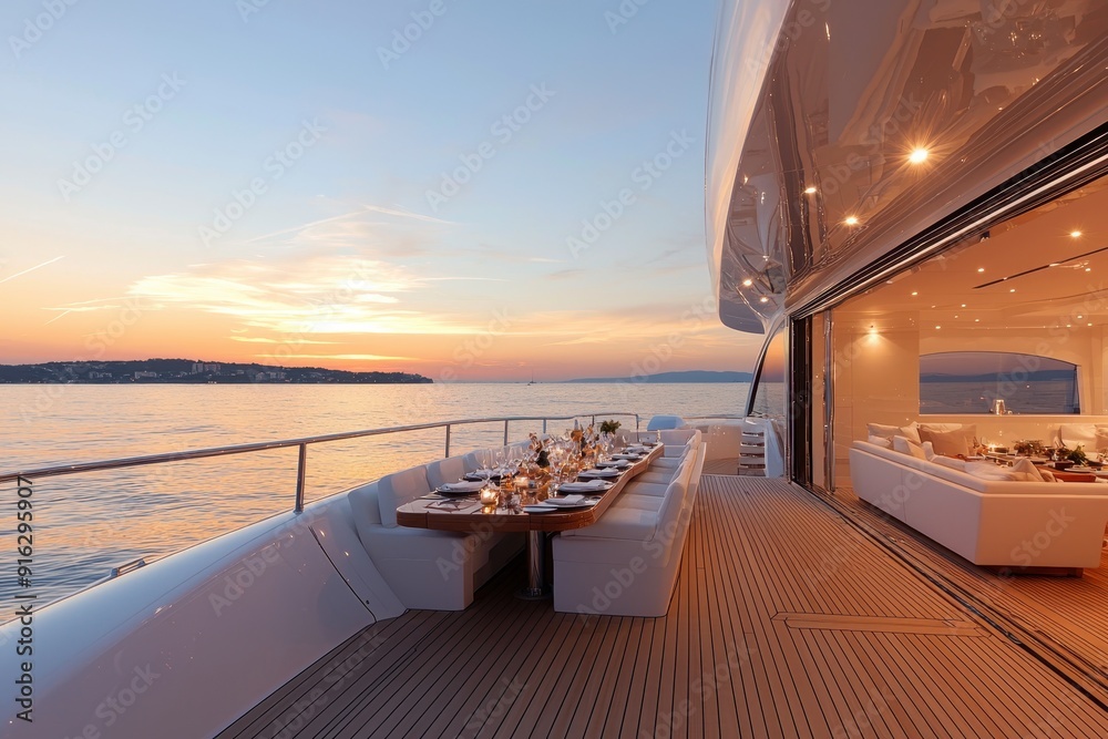 Fototapeta premium Sailing into Sophistication: Sunset Gourmet Dinner on Luxury Yacht Deck