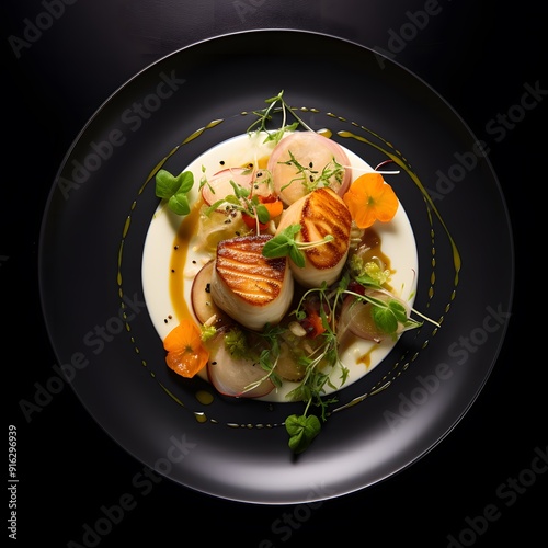 Elegant dish of gourmet food artfully presented on a black plate
