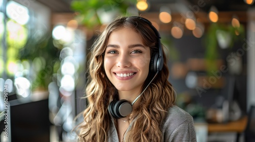 Cheerful Customer Service Representative at Work Desk Smiling with Satisfaction