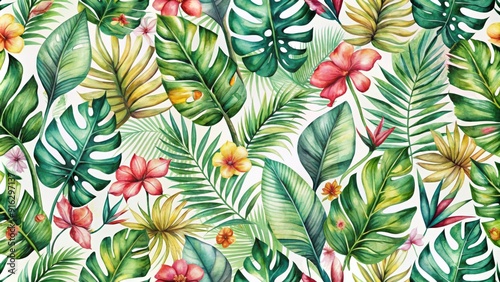 Watercolor tropical plants seamless pattern, watercolor, tropical, plants, flowers, leaves, jungle, botanical, seamless