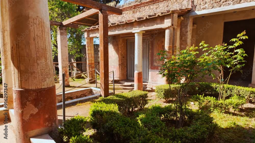 The gardens of the House of D. Octavius Quartio (Casa di Ottavio Quartione), Pompeii, Naples, Campania, Italy, a Roman city buried by Vesuvius in 79 AD
