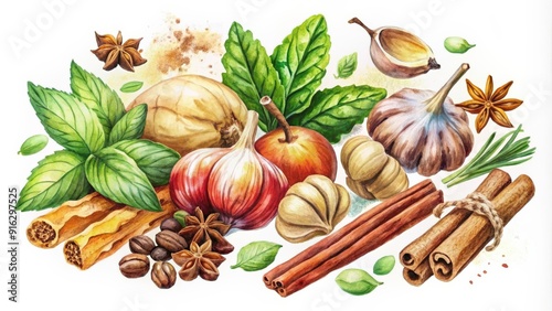 Watercolor and ink sketches of vegetables food s with a variety of spices such as vanilla, cinnamon, ginger, mint, hazelnut photo