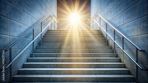 Light beam shining on empty stair steps with handrail, staircase, steps, handrail, light beam, interior, architecture, design