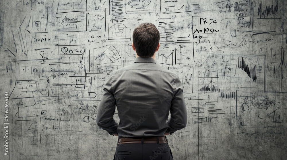 Contemplative man viewing project plans on a studio wall from behind, symbolizing strategic thinking and creative planning. Contemplative man viewing project plans on a studio wall from behind, symbolizing strategic thinking and creative planning.