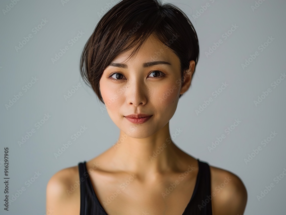 Elegant Short-Haired Woman in Tank Top Posing Confidently for a Studio Portrait with Soft Lighting and a Neutral Gray Background Elegant Short-Haired Woman in Tank Top Posing Confidently for a Studio Portrait with Soft Lighting and a Neutral Gray Background