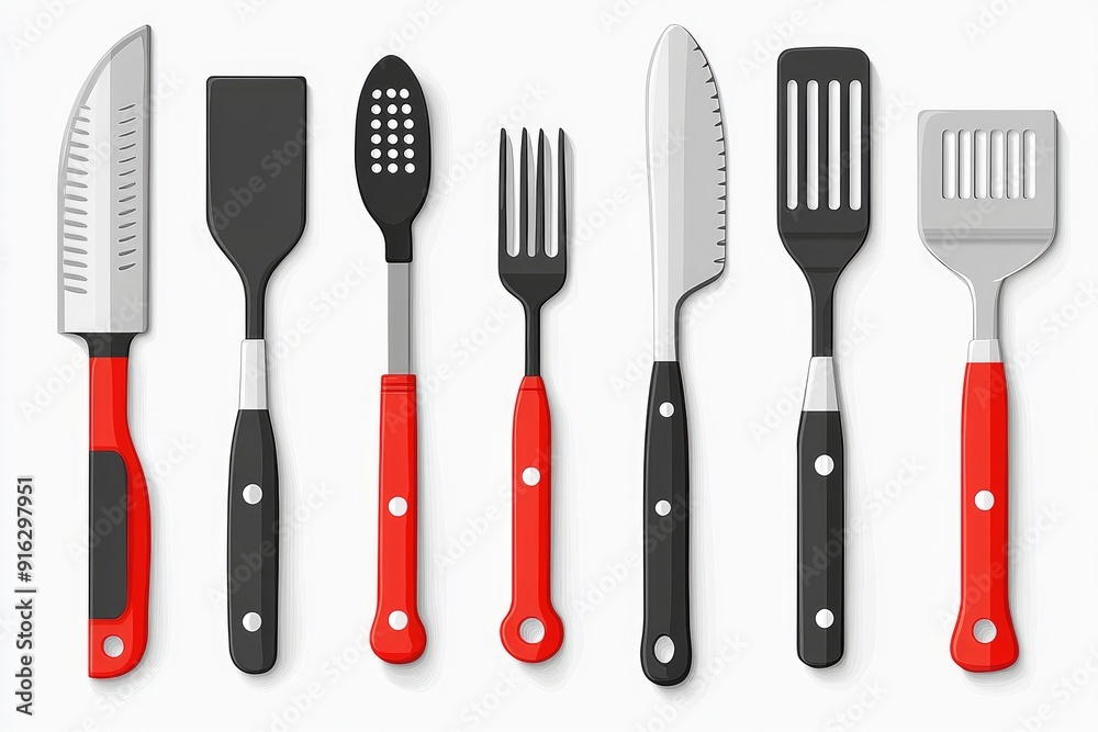 Set of Kitchen Utensils with Red and Black Handles Set of Kitchen Utensils with Red and Black Handles