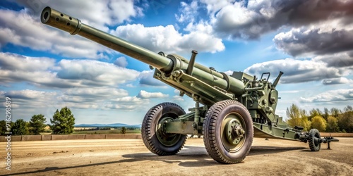 American howitzer standing ready on battlefield, military, weapon, artillery, army, war, defense, gun, cannon, firepower, heavy