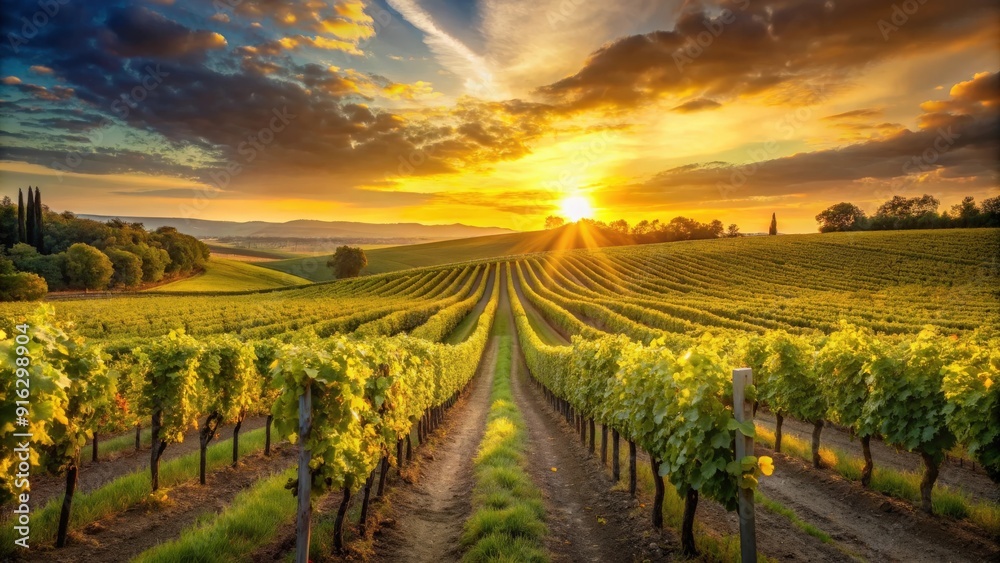 Naklejka premium Vineyard bathed in golden light at sunset, vineyard, sunset, agriculture, winery, grapevines, landscape, tranquil, rural
