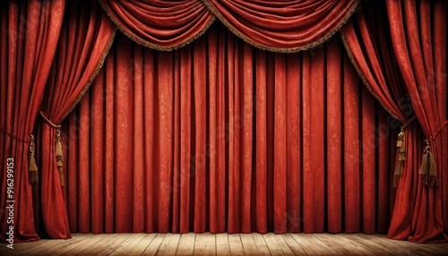 Red Theater Curtains With Wooden Stage.
