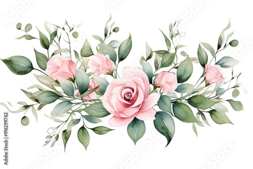 Watercolor pink roses and eucalyptus leaves isolated on white.